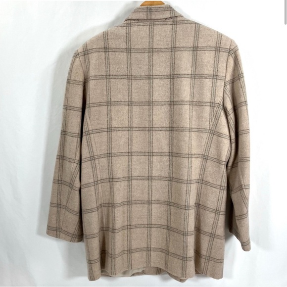Vintage LANDSEND Womens Blazer Tan Plaid 100% Wool Button Front Cream Tan Blue - Picture 2 of 10